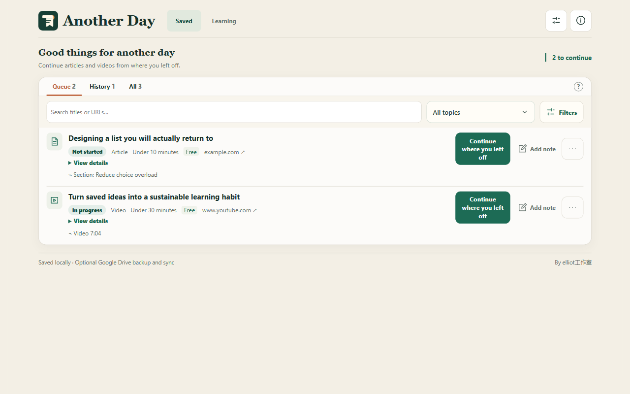 Another Day showing saved articles, videos, notes, and actions to continue reading